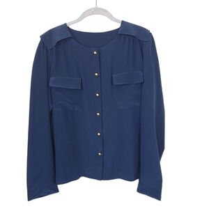 Hunter Dixon Navy Silky Blouse Gold Buttons Utility Pocket Top Size L Office